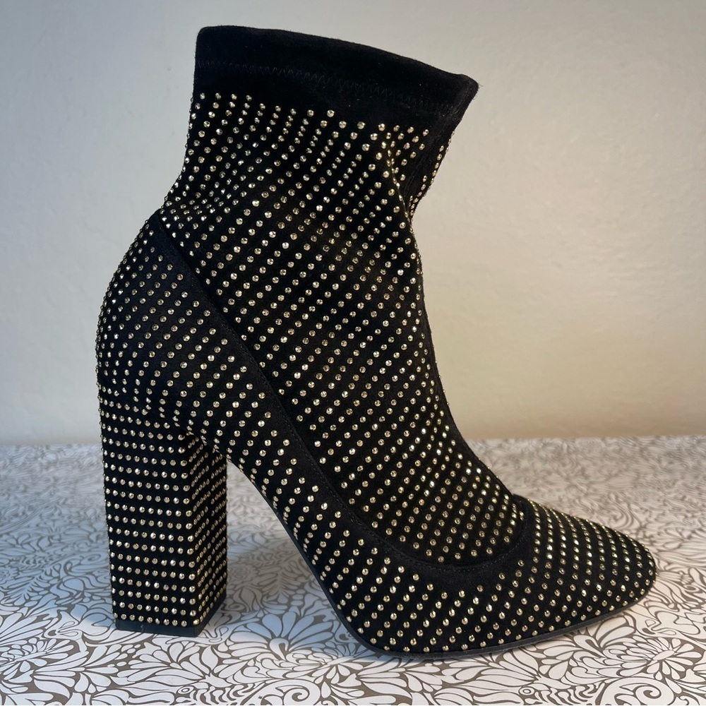 Tamara Mellon Sock Black Leather Gold Studded Block Heel Ankle Booties Italy Lux